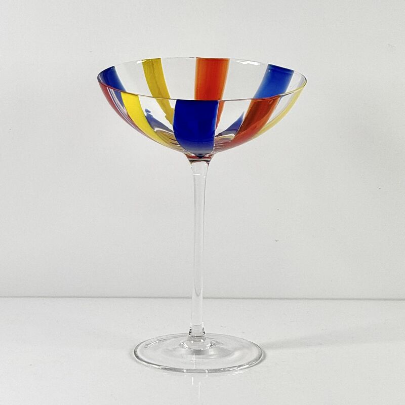 Qualität Hand Blown Art Glass Goblet & Coupe Glass Set, Vibrant Red Yellow Blue Vertical Cane Stripes Murano Style Stemmed Wine & Martini Glasses for Bar, Party & Gift Fabrik