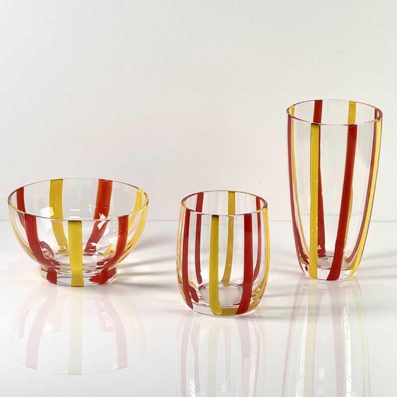 Qualität Hand Blown Colored Cane Striped Glass Tumbler & Bowl Set, Murano Style Red Yellow Vertical Stripe Drinking Cups and Snack Bowl, Lead-Free Art Glass for Water, Juice, Table Decor Fabrik
