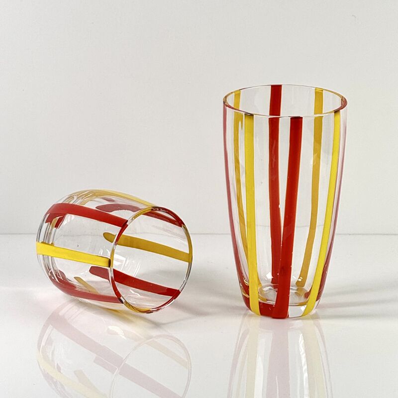 Qualität Hand Blown Colored Cane Striped Glass Tumbler & Bowl Set, Murano Style Red Yellow Vertical Stripe Drinking Cups and Snack Bowl, Lead-Free Art Glass for Water, Juice, Table Decor Fabrik