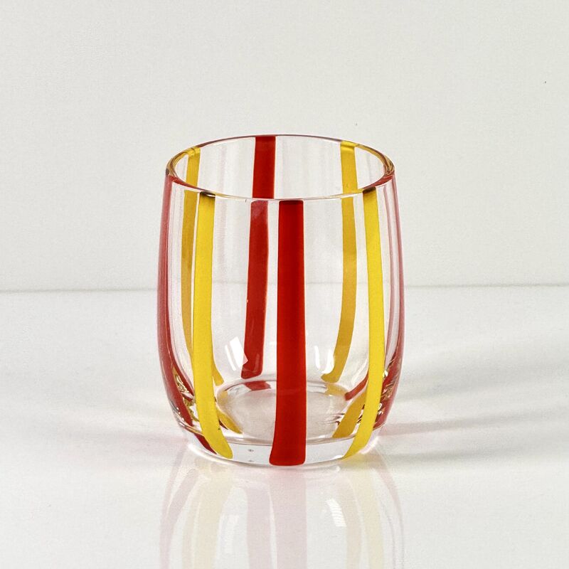 Qualität Hand Blown Colored Cane Striped Glass Tumbler & Bowl Set, Murano Style Red Yellow Vertical Stripe Drinking Cups and Snack Bowl, Lead-Free Art Glass for Water, Juice, Table Decor Fabrik