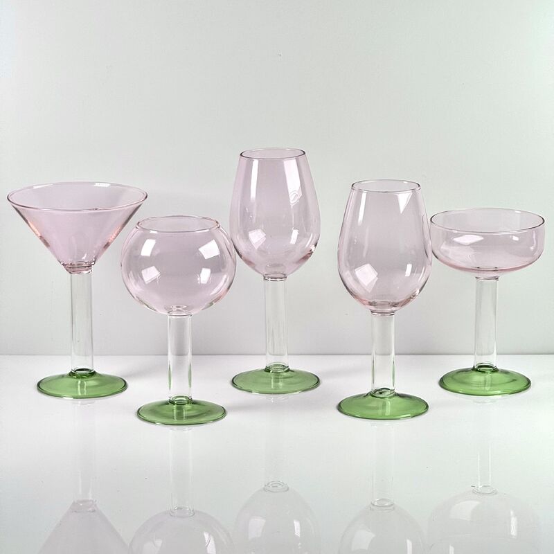 Qualität Hand Blown Borosilicate Stemmed Wine & Cocktail Glass Set, Pink Bowl with Green Hollow Stem Base, Colored Spray Tinted Art Goblets for Bar, Wedding & Table Decor Fabrik