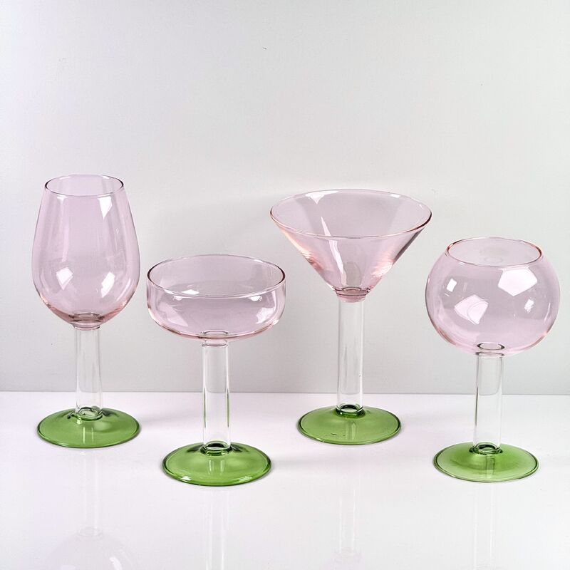 Qualität Hand Blown Borosilicate Stemmed Wine & Cocktail Glass Set, Pink Bowl with Green Hollow Stem Base, Colored Spray Tinted Art Goblets for Bar, Wedding & Table Decor Fabrik