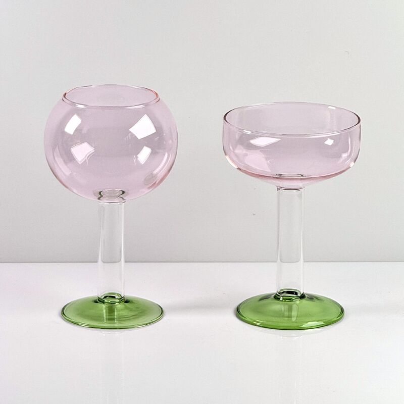 Qualität Hand Blown Borosilicate Stemmed Wine & Cocktail Glass Set, Pink Bowl with Green Hollow Stem Base, Colored Spray Tinted Art Goblets for Bar, Wedding & Table Decor Fabrik