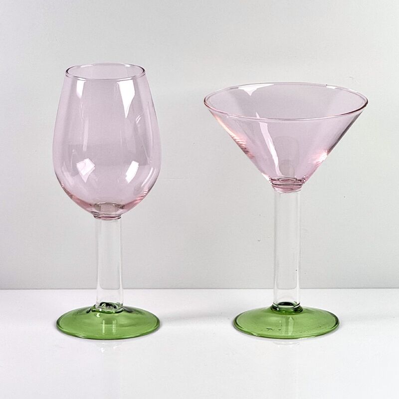 Qualität Hand Blown Borosilicate Stemmed Wine & Cocktail Glass Set, Pink Bowl with Green Hollow Stem Base, Colored Spray Tinted Art Goblets for Bar, Wedding & Table Decor Fabrik