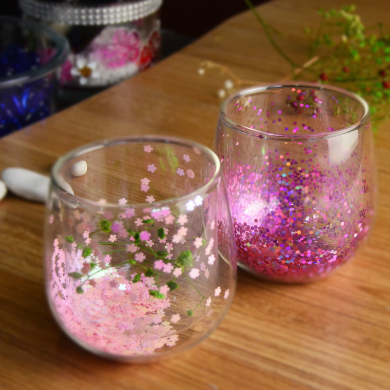 Qualität Gemachte Doppelwandglas Kaffeetasse Dekorativ Glitter Tumbler Trinkgläser usine