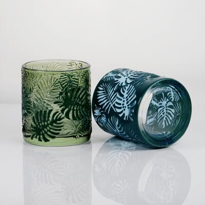 Qualität Embossed Tropical Monstera Leaf Glass Candle Holder with 200ml Capacity in Lead-Free Crystal Glass usine