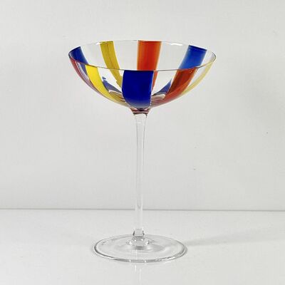 Qualität Hand Blown Art Glass Goblet & Coupe Glass Set, Vibrant Red Yellow Blue Vertical Cane Stripes Murano Style Stemmed Wine & Martini Glasses for Bar, Party & Gift Fabrik