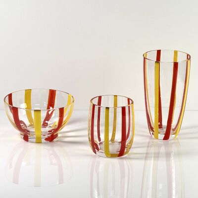 Qualität Hand Blown Colored Cane Striped Glass Tumbler & Bowl Set, Murano Style Red Yellow Vertical Stripe Drinking Cups and Snack Bowl, Lead-Free Art Glass for Water, Juice, Table Decor Fabrik