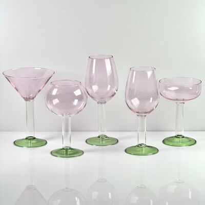 Qualität Hand Blown Borosilicate Stemmed Wine & Cocktail Glass Set, Pink Bowl with Green Hollow Stem Base, Colored Spray Tinted Art Goblets for Bar, Wedding & Table Decor Fabrik