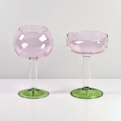 Qualität Hand Blown Borosilicate Stemmed Wine & Cocktail Glass Set, Pink Bowl with Green Hollow Stem Base, Colored Spray Tinted Art Goblets for Bar, Wedding & Table Decor Fabrik