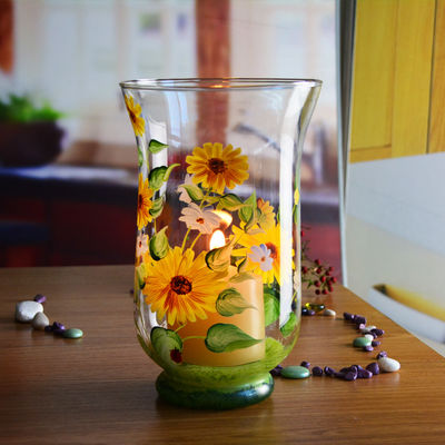 Qualität Handgemalte Sonnenblumen-Glaskerzenhalter für Zuhause usine