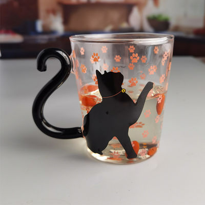 Qualität Borosilikat-Schwarze Katze-Tee-Glasbecher mit Farbschwanz-Griff usine